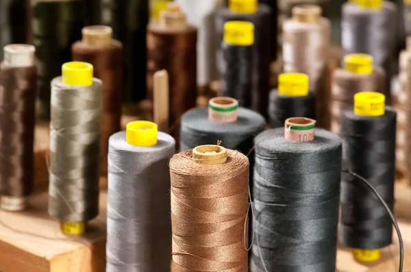 Various colored yarns on bobbins at a tailor — Stock Photo, Image