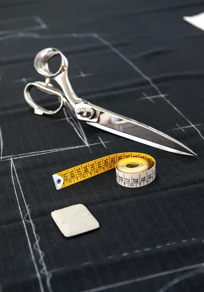 Scissors and Tape Measure on Fabric in Studio — Stock Photo, Image