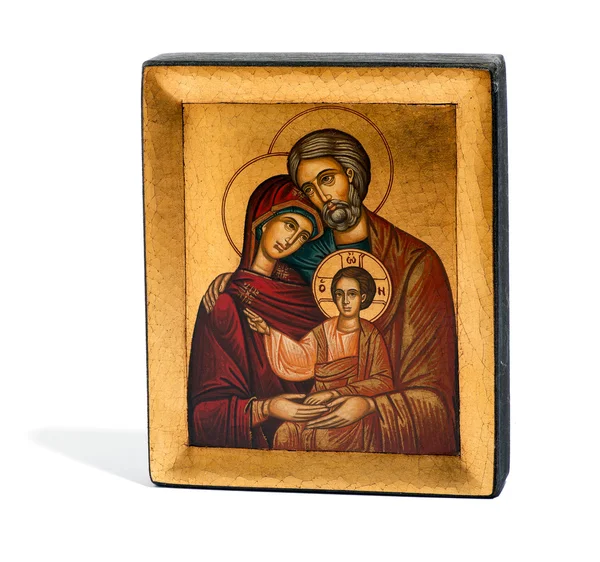 Позолоченная деревянная икона Иосифа, Марии и Иисуса — стоковое фото