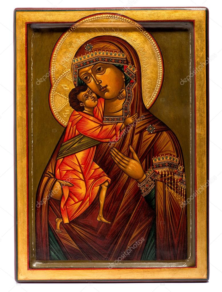 Wooden painted icon of the Virgin Mary and Jesus