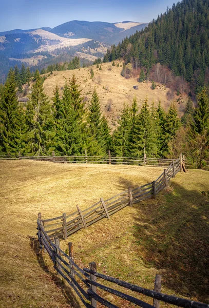 Paisagem montanhosa, floresta e barramento — Fotografia de Stock