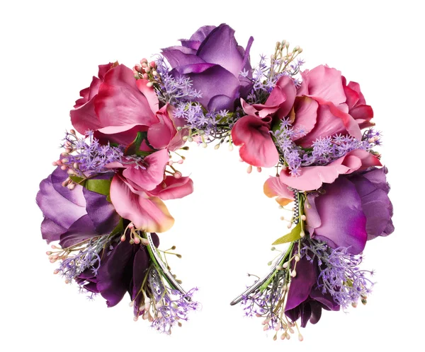Cerceau violet de fleurs, accessoires pour cheveux. Décoration pour la tête sur bois blanc — Photo