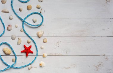 Deniz kabukları ve mavi ahşap tahtalardaki deniz yıldızlarıyla yaz zamanı konsepti. Kumsalda dinlen. Kopyalama alanı olan arkaplan