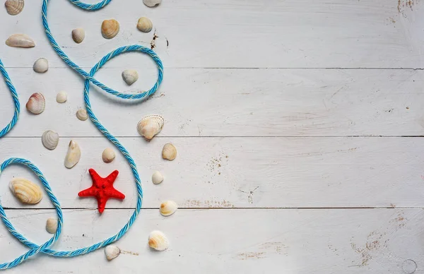 Deniz kabukları ve mavi ahşap tahtalardaki deniz yıldızlarıyla yaz zamanı konsepti. Kumsalda dinlen. Kopyalama alanı olan arkaplan