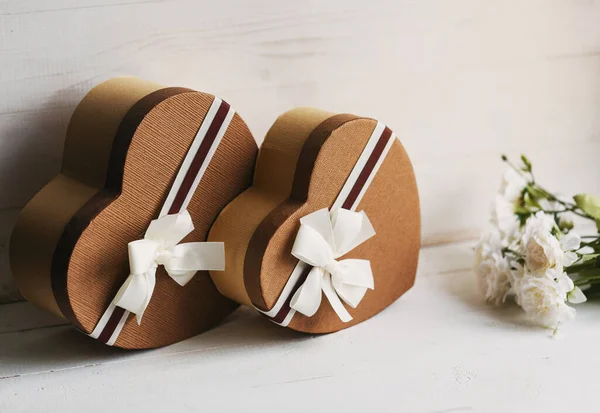 Two Identical Different Sized Gift Boxes Form Heart White Wooden — Stock Photo, Image