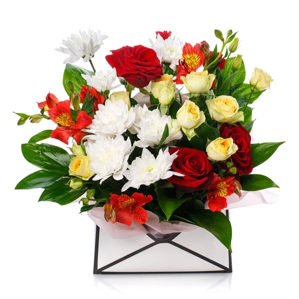 Colorful Bouquet Different Fresh Flowers White Background Celebrating Wedding Birthday — Stok fotoğraf