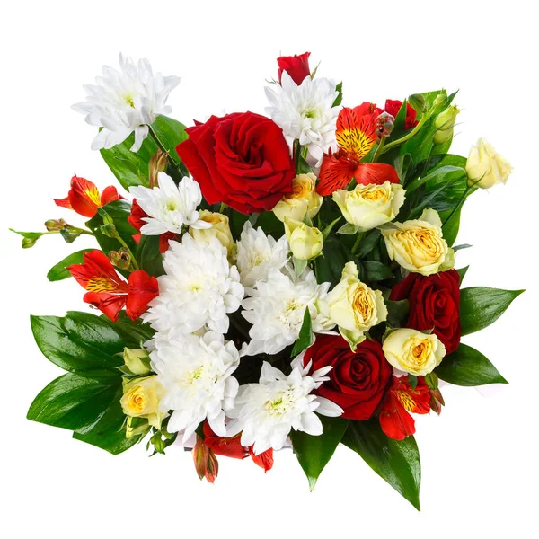 Lovely Bouquet Different Kind Flowers Isolated White Close Top View — Stok fotoğraf