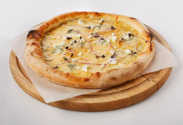 Top View Hot Pizza Wooden Stand Pizza Formaggio Cheeses Mozzarella — Stockfoto