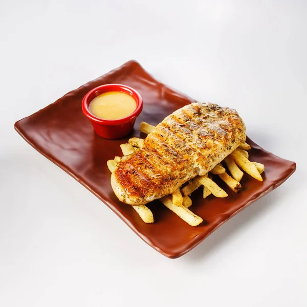 Chicken Steak French Fries Served Honey Mustard Sauce — Stockfoto