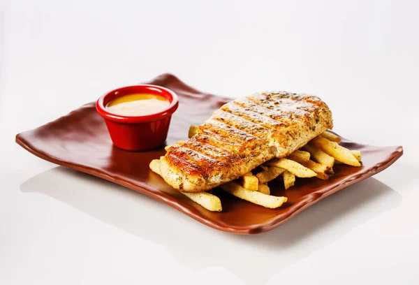 Chicken Steak French Fries Served Honey Mustard Sauce — 스톡 사진