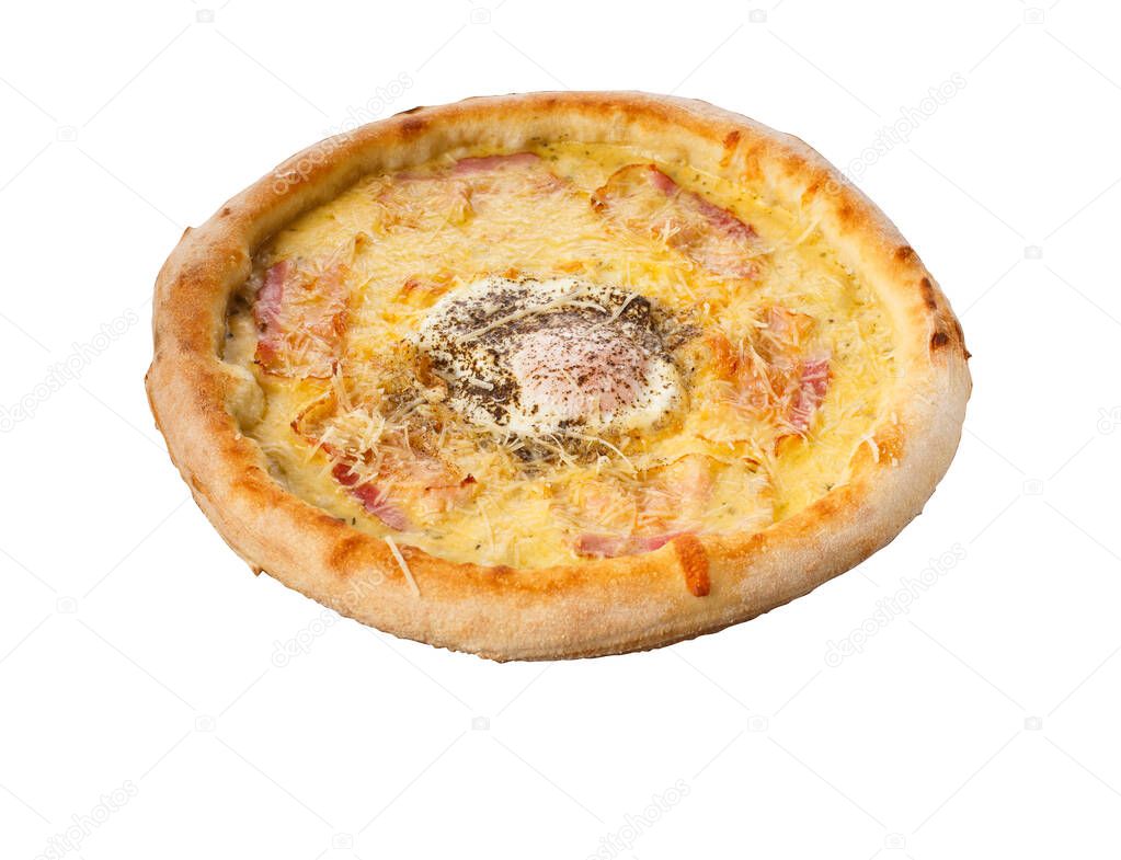 TPizza isolated on a white background. Pizza Carbonara Moderately toasted bacon, covered with Parmesan cheese, two cheeses, and at the top complements the taste of cooked egg.
