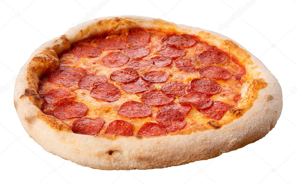 Pizza isolated on a white background. Pepperoni pizza. Tomato base, two types of cheese and a lot of salami.