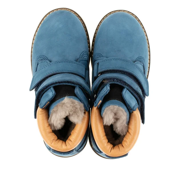 Top View Warm Fur Waterproof Blue Boots Velcro Orange Inserts — Foto de Stock