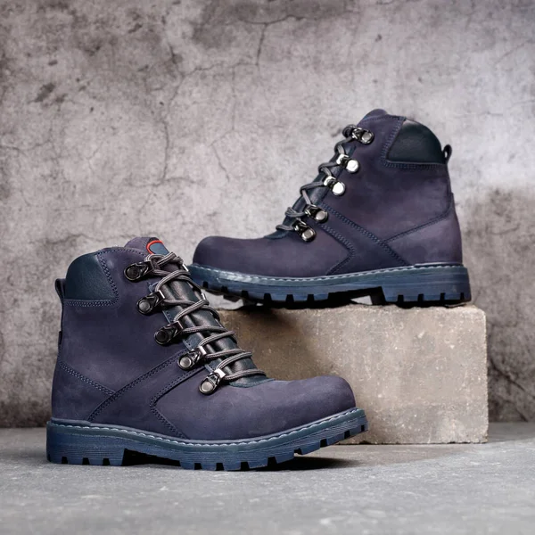 Stylish Waterproof Dark Blue Shoes Laces Gray Concrete Background Banner — Foto de Stock
