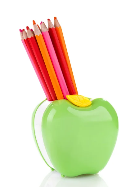 Color pencils in apple shaped stand — Stock Photo, Image