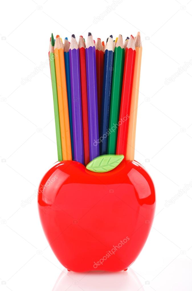 color pencils in apple shaped stand