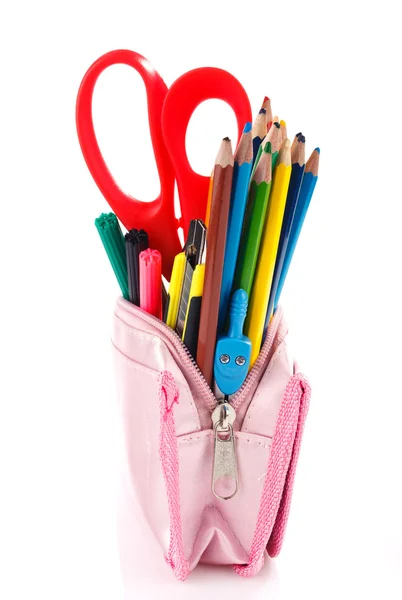 Pencil case with school supplies — Stock Photo, Image