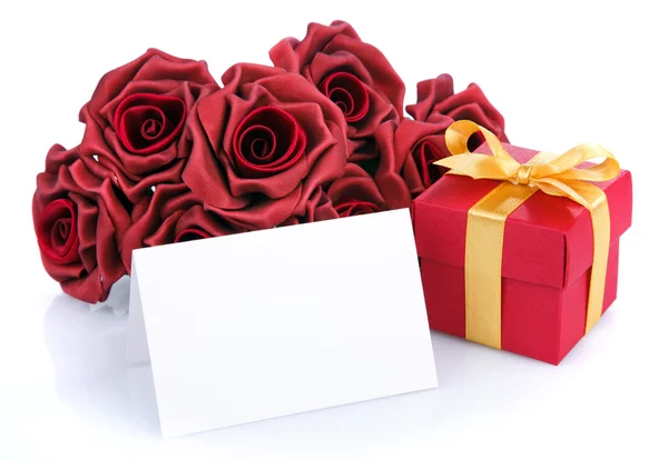 Card with red flowers and gift — Stock Photo, Image