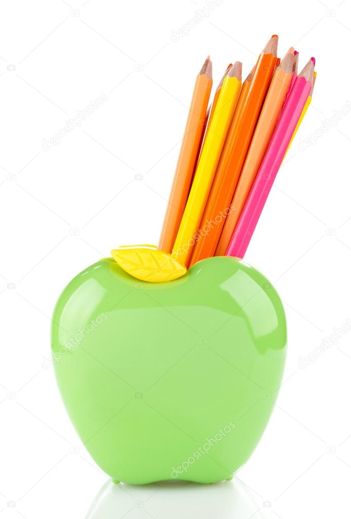 color pencils in apple shaped stand
