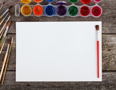 Set of watercolor paints,  brushes