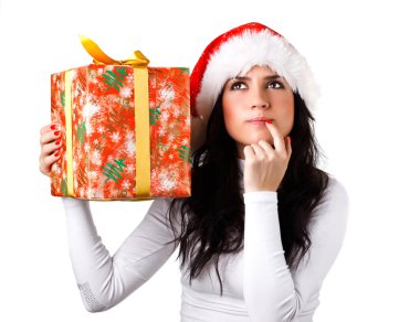 Noel Baba şapkalı bir hediye ile güzel kız