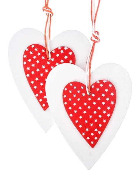 White and red sewed christmas hearts on white background,  for greetings Valentines  day — Stock Photo, Image