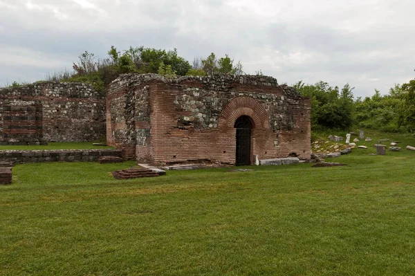 Ancient buildings on the inside of the main entrance of ancient Roman complex of palaces and temples Felix Romuliana, built in 3rd and 4th century AD by Roman Emperor Galerius, near the city of Zajecar in eastern Serbia