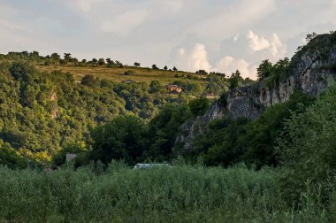 Nisovo, Bulgaristan - 21 Haziran 2009: Bulgaristan 'ın muhteşem yaprak döken ağaçlarla korunan, aşağıdaki, yukarıdaki ve yukarıdaki yüksek kireçtaşı kayalıklarda yer alan güzel Nisovo köyünün manzarası. Ziyaret yerinde.. 
