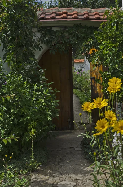 Дверь с цветами для входа во двор — стоковое фото