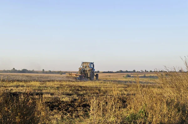 Tractor que cultiva el campo de rastrojos de trigo con residuos de cultivos — Foto de Stock