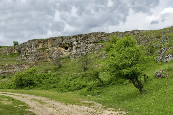 Vue générale vers la roche sédimentaire avec grotte dans le champ — Photo