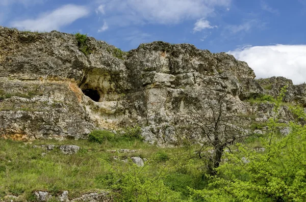 Vue générale vers la roche sédimentaire avec grotte dans le champ — Photo