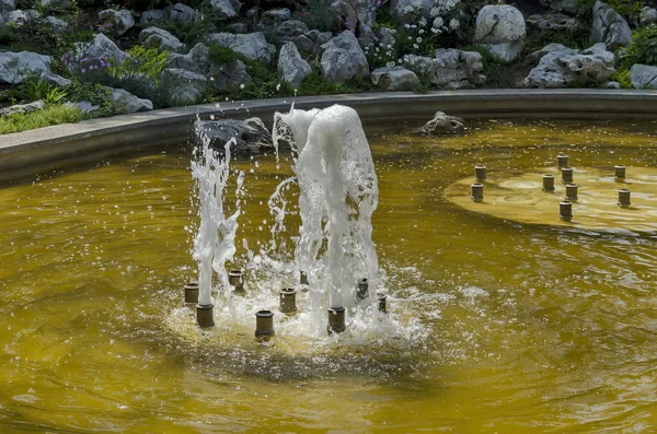 Güzellik taş döşeli bahçe önünde akan küçük su çeşmeleri grup — Stok fotoğraf