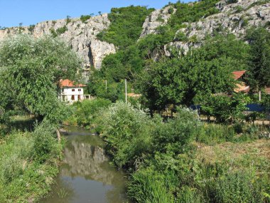 Bulgaristan 'ın başkenti Nisovo' da Rusenski Lom Doğa Parkı 'nda nehrin bir kısmı ve yaprak döken ağaçlarla kaplı dik kireçtaşı kayalıkları olan küçük yerleşim yerleri.