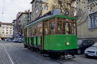 Retro Vintage tramvay Siemens Bulgaristan Sofya Aralık 2015, sokaklarda.