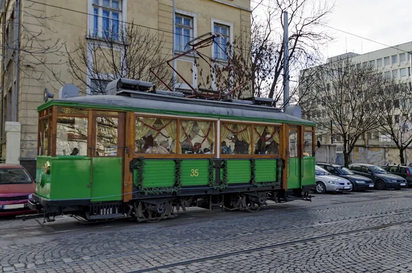 Retro Vintage tramvaje Siemens na ulicích Sofie v prosinci 2015, Bulharsko. — Stock fotografie