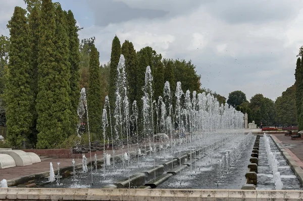 Grupo de muitas fontes de água que fluem no jardim — Fotografia de Stock