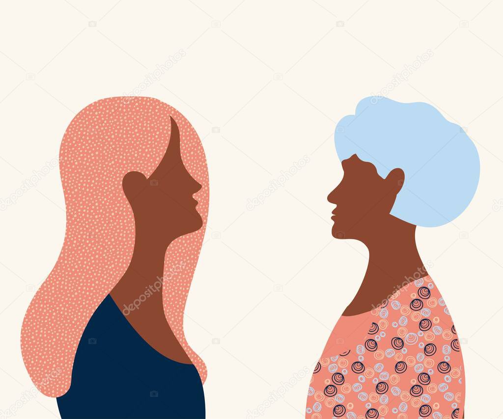 Two women face to face, profile, style of minimalism , hand drawn. Packaging, wallpaper, poster, room interior decor, design for textiles, postcard, concept, clipart, vector