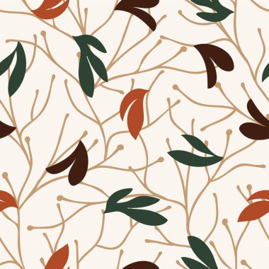 Işık arkaplanındaki kusursuz doğal soyut desen. Ağaç dalları ve yapraklar. El çizimi. Tekstil, duvar kâğıtları, basılı ürünler için tasarım. Vektör illüstrasyonu