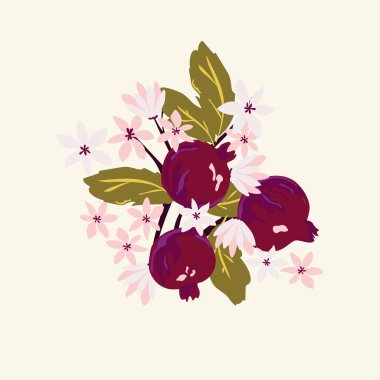 Composition of pomegranate, abstract shapes and botanical elements, style of minimalism, hand drawn. Poster, room interior decor, design for textiles, postcard, concept, clipart, vector 