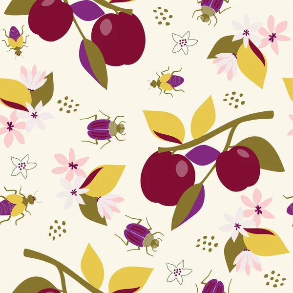 Seamless Natural Pattern Apple Flowers Fetus Green Leaf White Background — Vector de stock