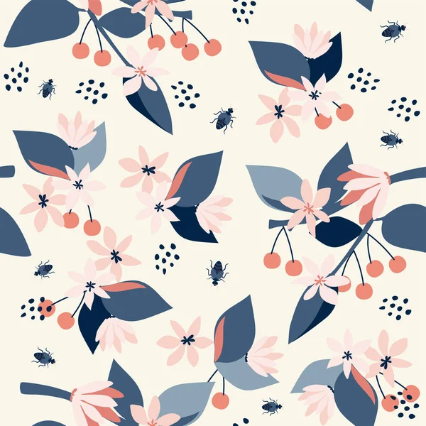Seamless Natural Pattern Cherry Flowers Fetus Green Leaf White Background — Vector de stock