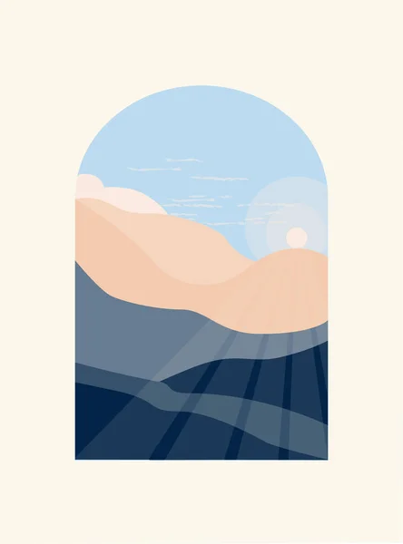 Nature pattern. Abstract landscape, sky, mountains, sun,  style of minimalist , hand drawn. Use for packaging, wallpaper, design for textiles, postcard, concept, clipart, vector illustration.
