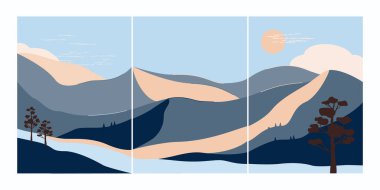 Mavi tonlarda manzara, gökyüzü, dağlar, nehir, ağaçlar, minimalist stil, el çizimi, panorama, vektör. Paketleme, duvar kağıdı, tekstil tasarımı, kartpostal, konsept, clipart için kullan.