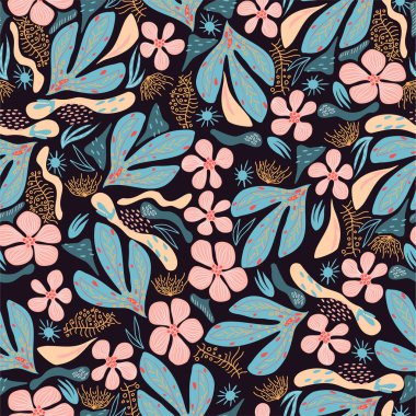 Siyah arka planda kusursuz soyut doğa kalıbı. Egzoz bitkileri, yapraklar ve şekiller. El yapımı botanik elementler. Tekstil, duvar kâğıtları, ambalajlar, basılı ürünler için tasarım. Vektör 