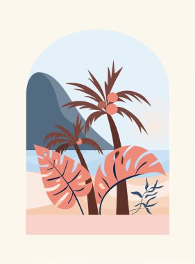 Soyut deniz manzarası, gökyüzü, dağlar, deniz, palmiye ağaçları, canavar yaprakları, minimalist stili, el çizimi, arka plan, panorama, vektör. Duvar kağıdı, tekstil tasarımı, kartpostal, konsept, clipart.