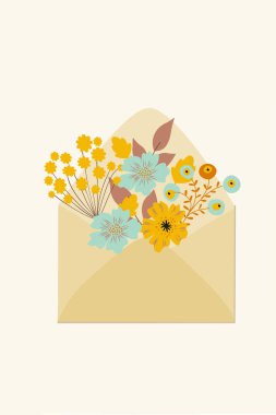 Soyut çiçek ve posta zarfının kompozisyonu, el çizimi. Paketleme, duvar kağıdı, poster, oda iç dekorasyonu, kartpostal, konsept, kırpma, vektör