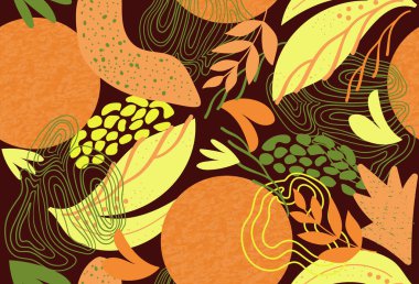 Kusursuz doğa düzeni, bahçıvanlık. Soyut çiçekler, yapraklar, şekiller, koyu kahverengi bir arkaplanda çizimler, soyut, el çizimi, ambalaj, duvar kağıdı, tekstil tasarımı, vektör illüstrasyonu.