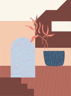 Soyut geometrik şekiller, merdiven, kemer, botanik elementler, minimalist stil, el çizimi. Paketleme, duvar kağıdı, tekstil, kartpostal, konsept, kırpma, vektör için tasarım 