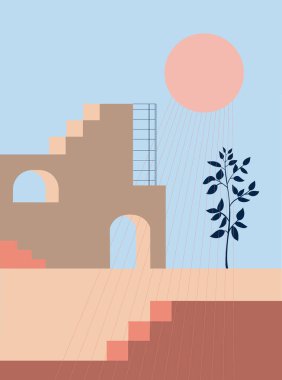 Soyut mimari geometrik şekiller, merdiven, kemer, botanik elementler, minimalist stil, el çizimi. Paketleme, duvar kağıdı, tekstil tasarımı, kartpostal, konsept, kırpma, vektör 